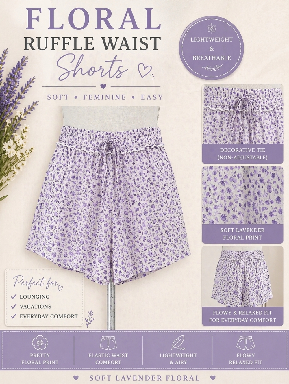 Altar’d State Lavender Floral Chiffon Lined Shorts Size L Ruffle Waist